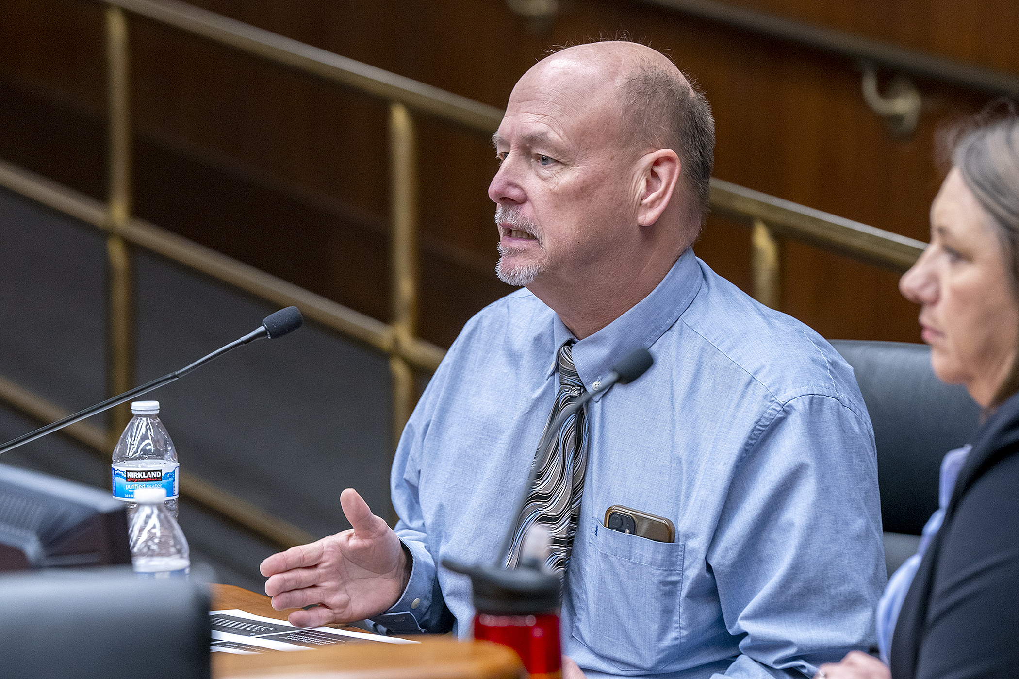 Patrick Walsh, superintendent of Belgrade-Brooten-Elrosa Public Schools, testifies Feb. 21 in support of a bill to permit school districts to implement four-day school weeks without prior approval from the Department of Education. (Photo by Michele Jokinen)